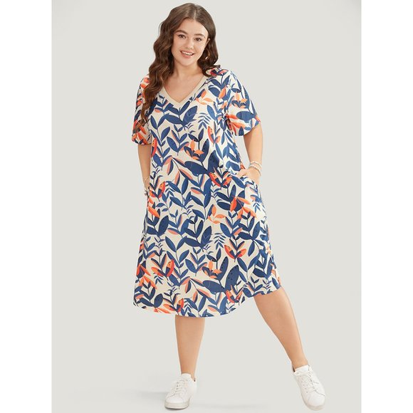 BloomChic Dresses & Skirts - #076 - NWT Bloomchic Yellow Blue Plant Print Vneck Midi Tshirt Dress Size 1X